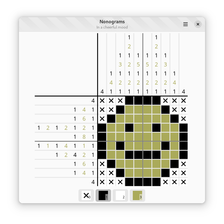 A screenshot of Nonograms displaying a completed puzzle of a smiley face